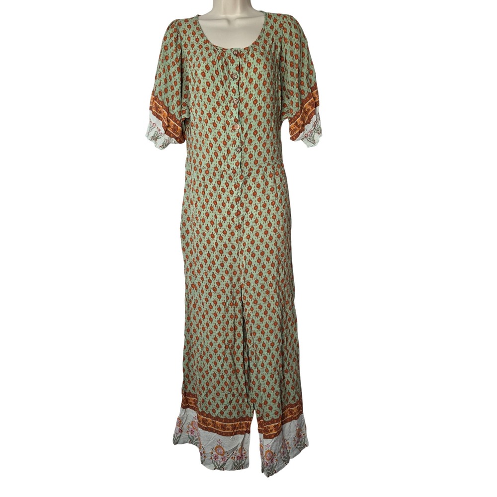 GIGIO Jumpsuit Women S Green Floral Boho Wide Leg Button Front Pockets Bohemian